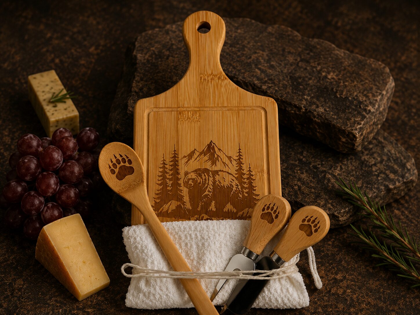 Engraved bear cheese board with wooden utensils