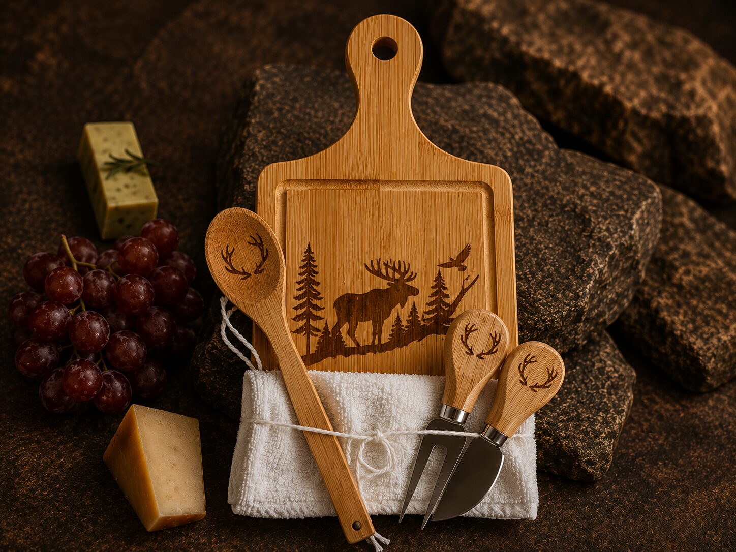 Bamboo cutting board with moose engraving