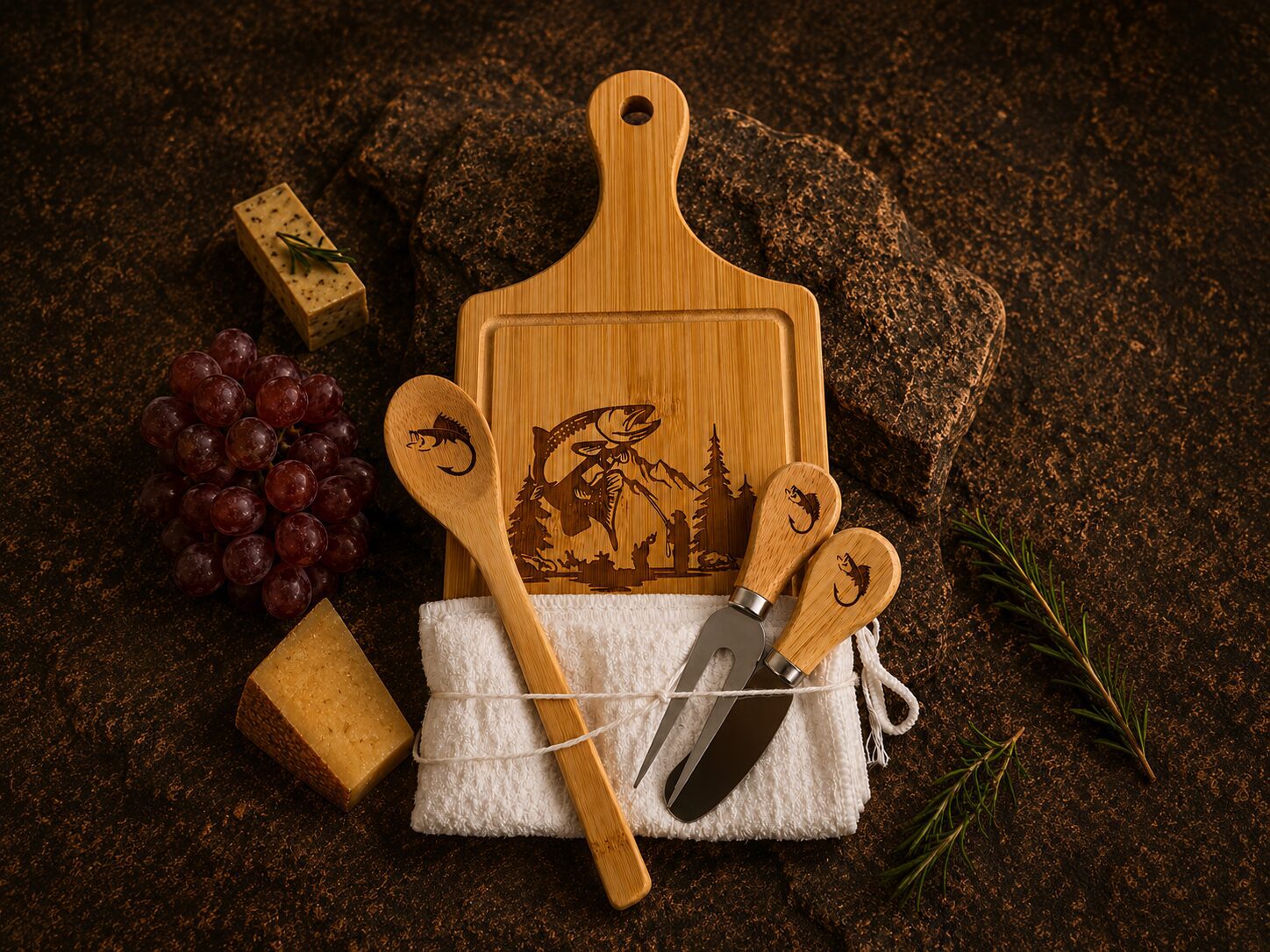 Bamboo cutting board and utensils with fish engraving