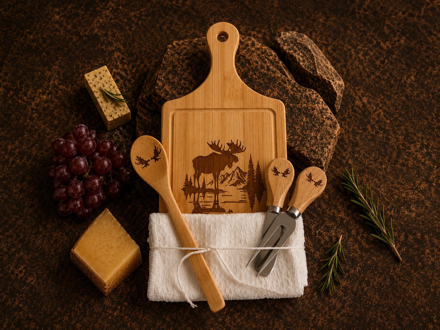 Rustic moose-engraved bamboo cheeseboard with knives