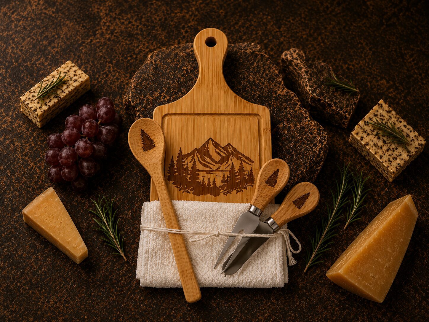 Cheese board with wooden utensils and cheeses