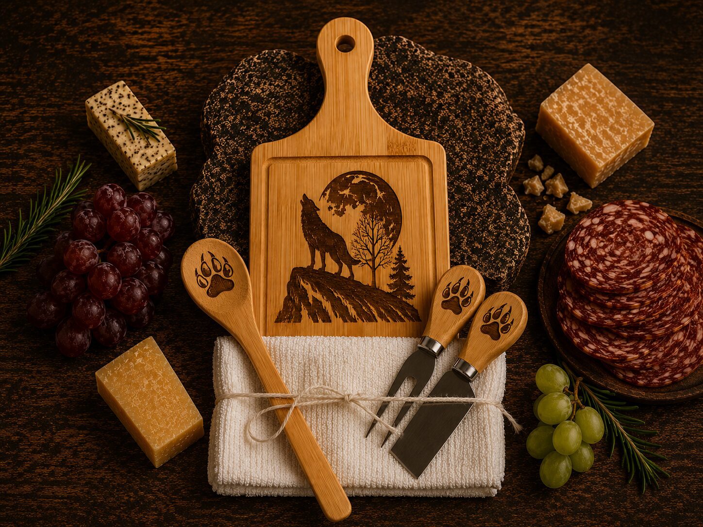 Wolf-engraved wooden cutting board with cheese