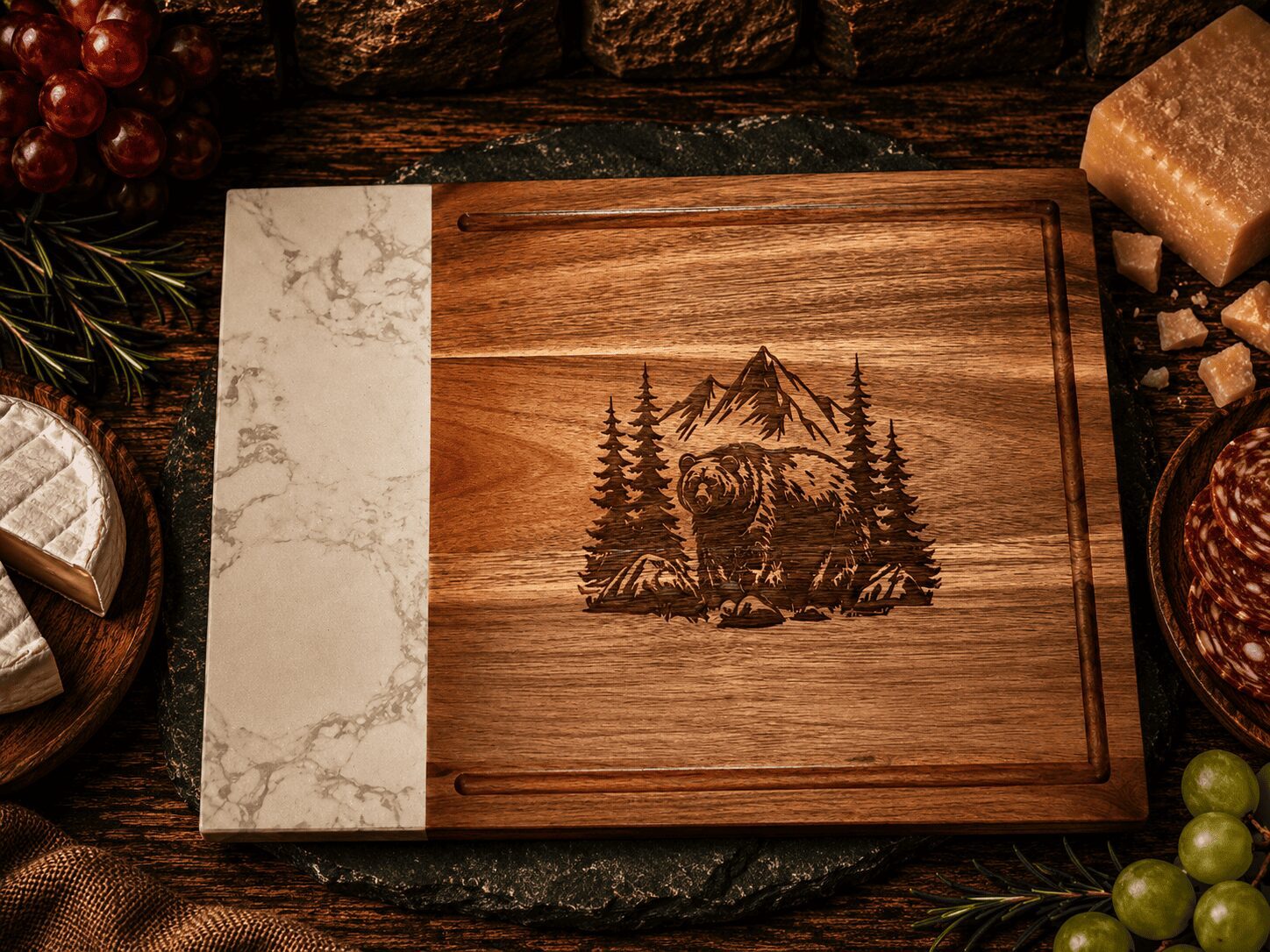 Marble-accented wooden charcuterie board with bear engraving