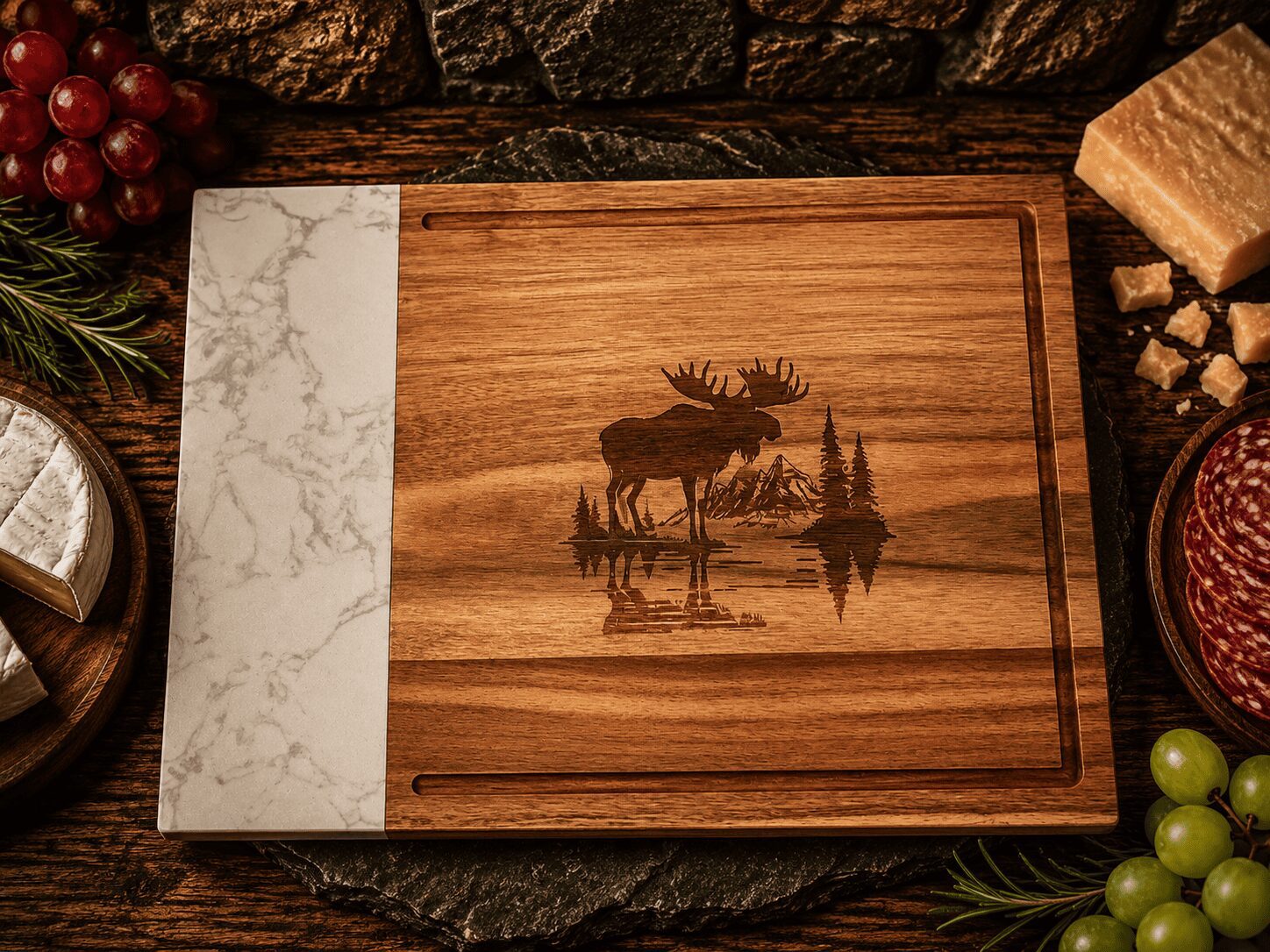 Marble-accent wooden cutting board with moose engraving