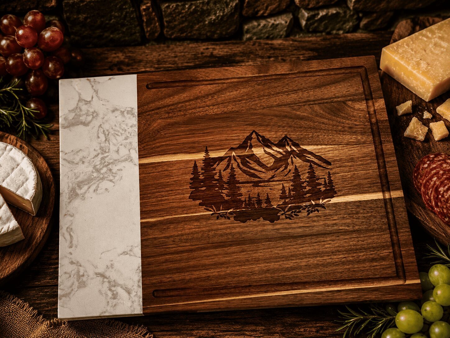 Wood and marble charcuterie board, mountain engraving
