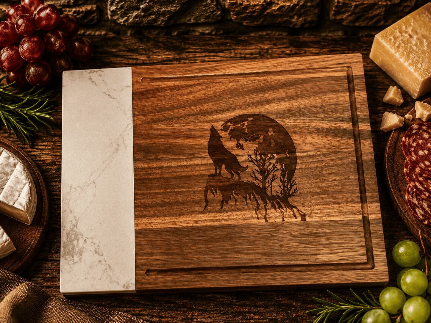 Wolf-engraved wooden and marble cutting board