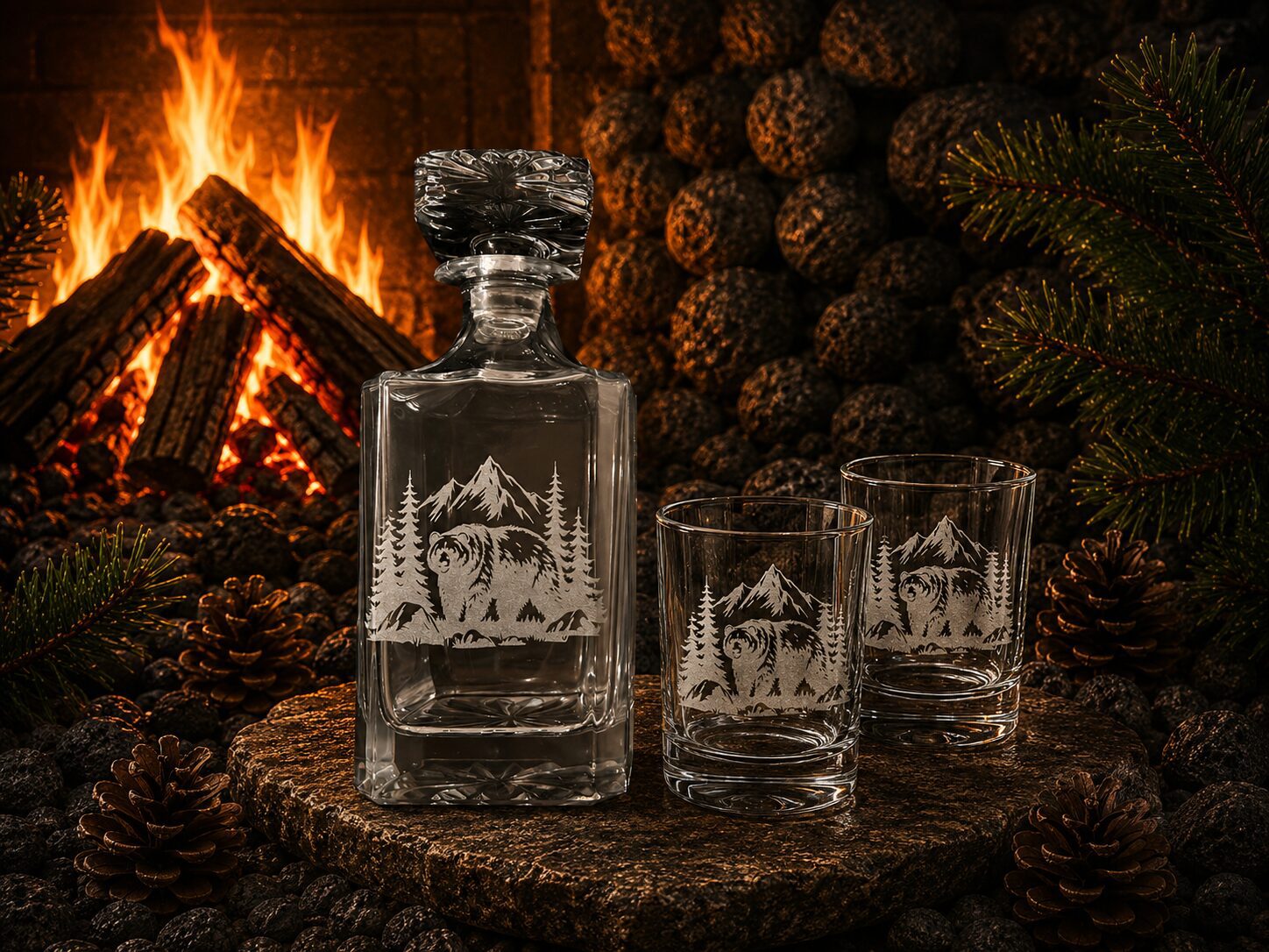 Etched crystal decanter and glasses by fireplace