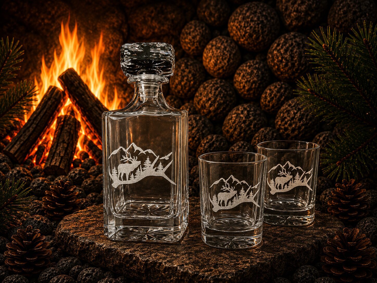 Etched mountain decanter and glasses by fireplace