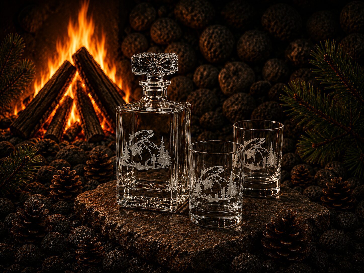 Engraved crystal decanter and glasses by fireplace