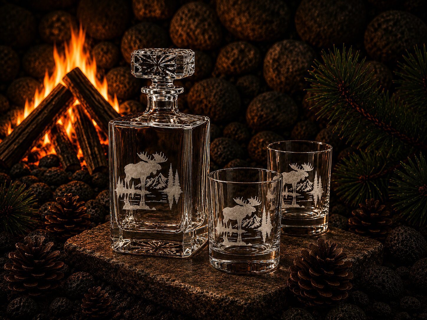 Moose-etched decanter and glasses by fireplace
