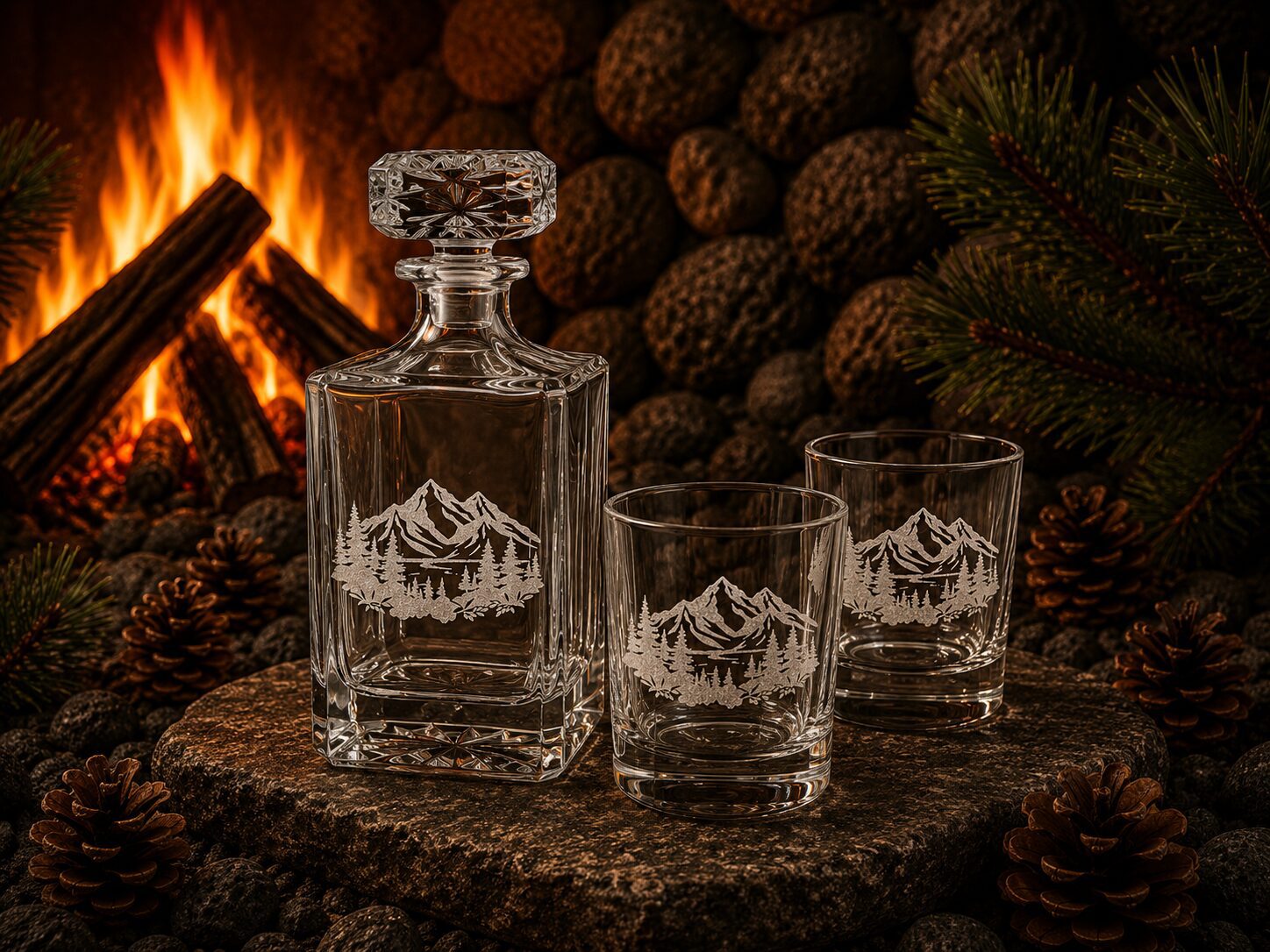 Crystal decanter and two mountain-etched glasses