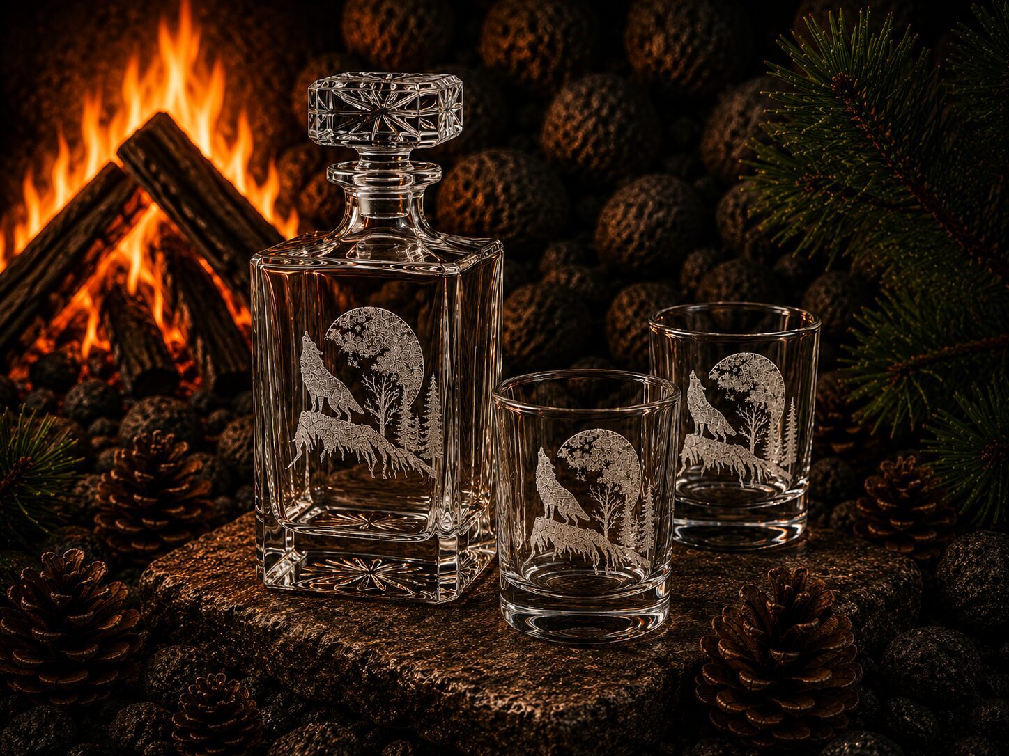 Crystal decanter and glasses engraved with wolves