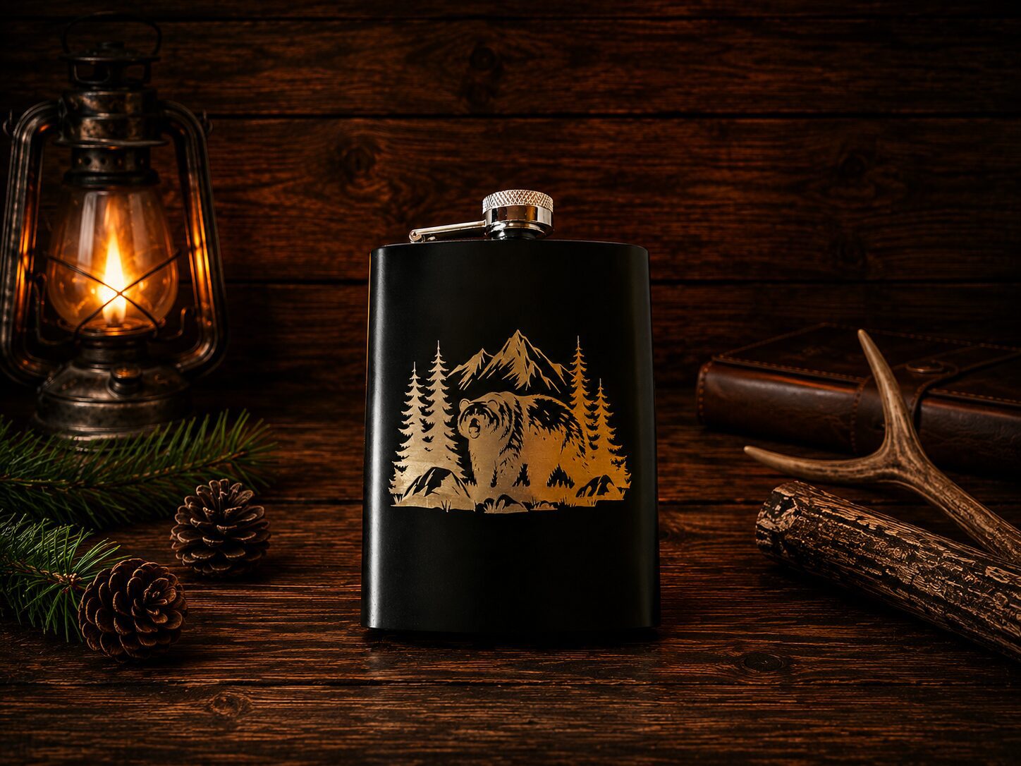 Black hip flask engraved with bear and mountains