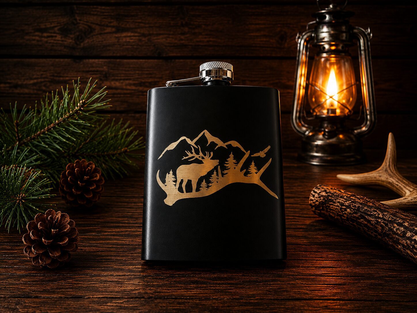 Black hip flask with gold mountain moose