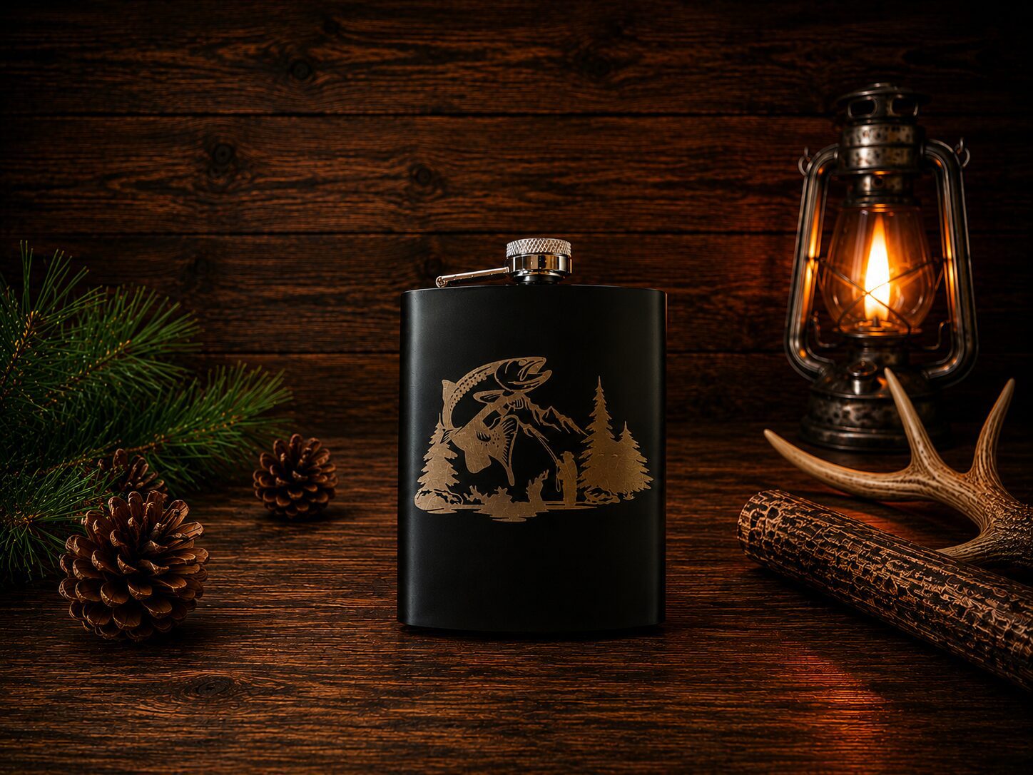 Black engraved hip flask with rustic outdoors decor