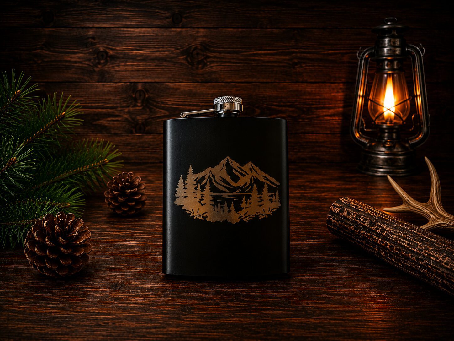 Black hip flask with mountain engraving, lantern