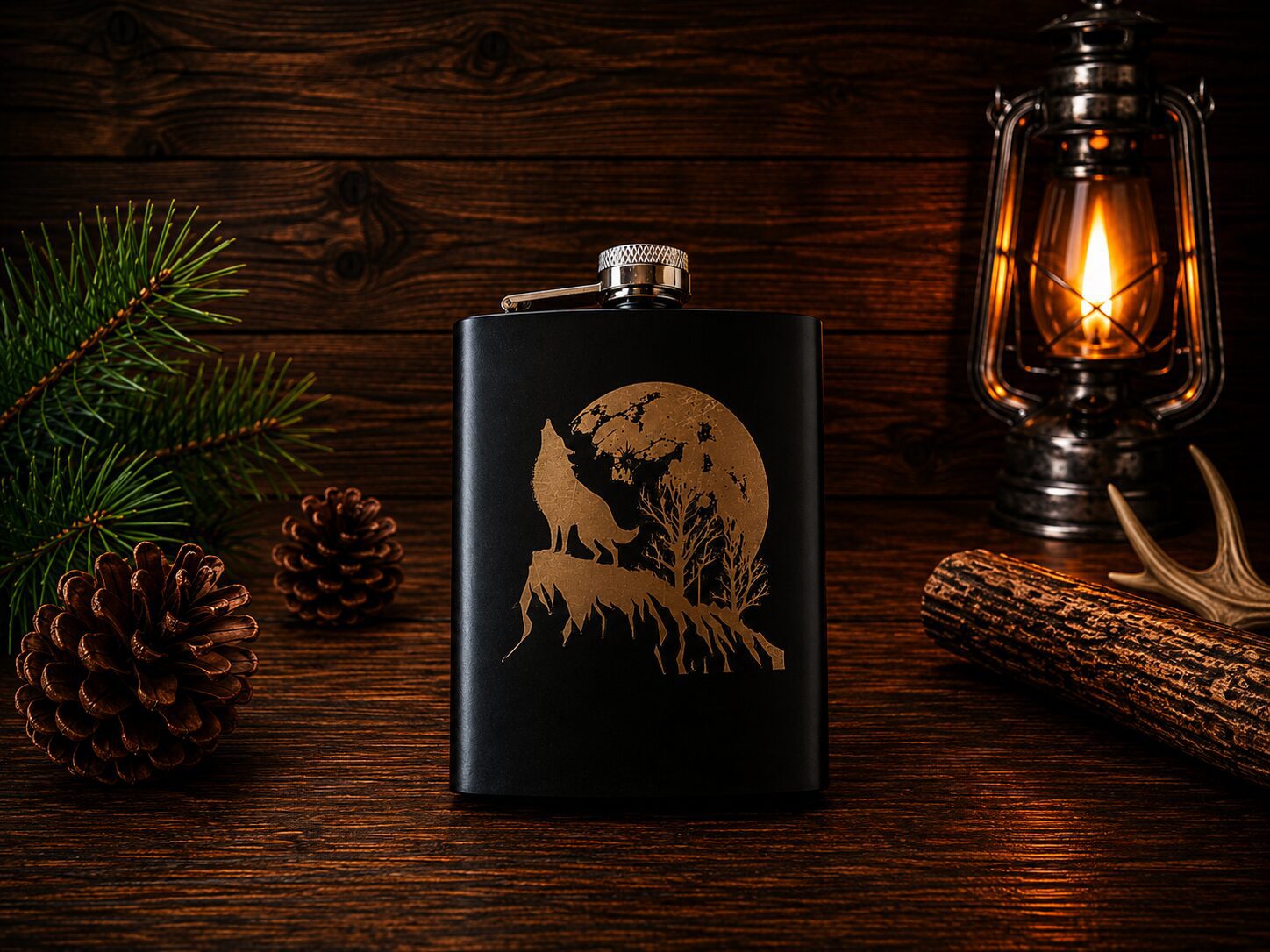 Black hip flask with wolf and moon engraving