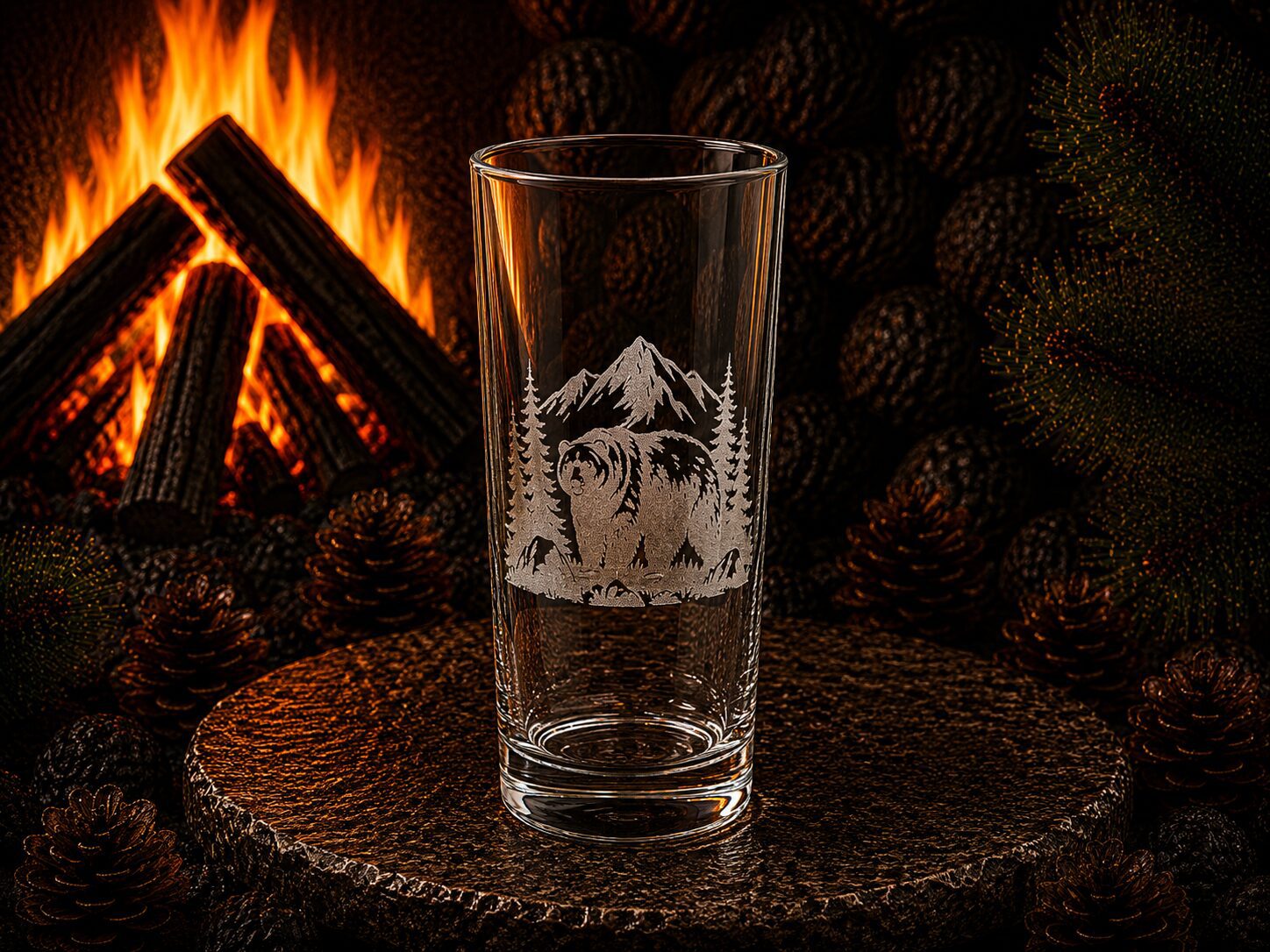 Etched bear and mountain pint glass near fireplace