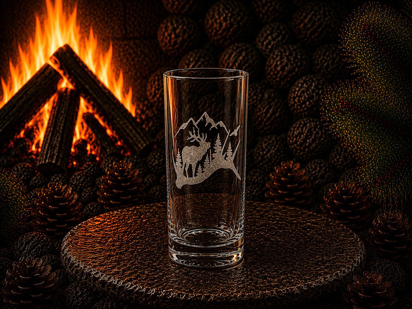 Etched glass with moose and mountains, campfire background
