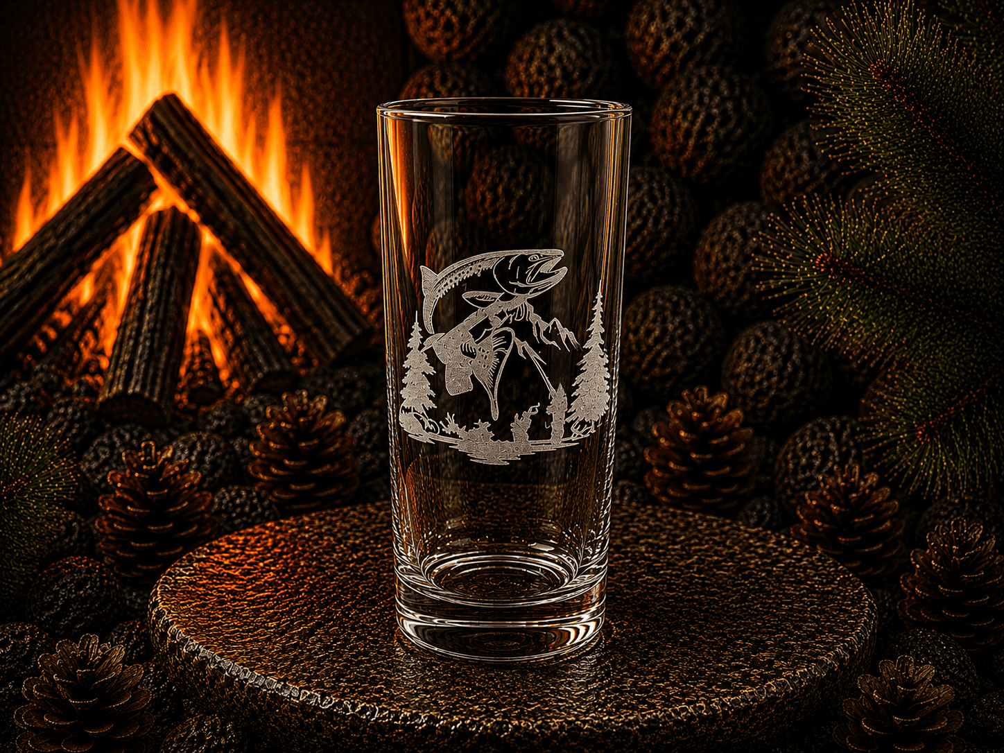 Etched glass with fish design by campfire