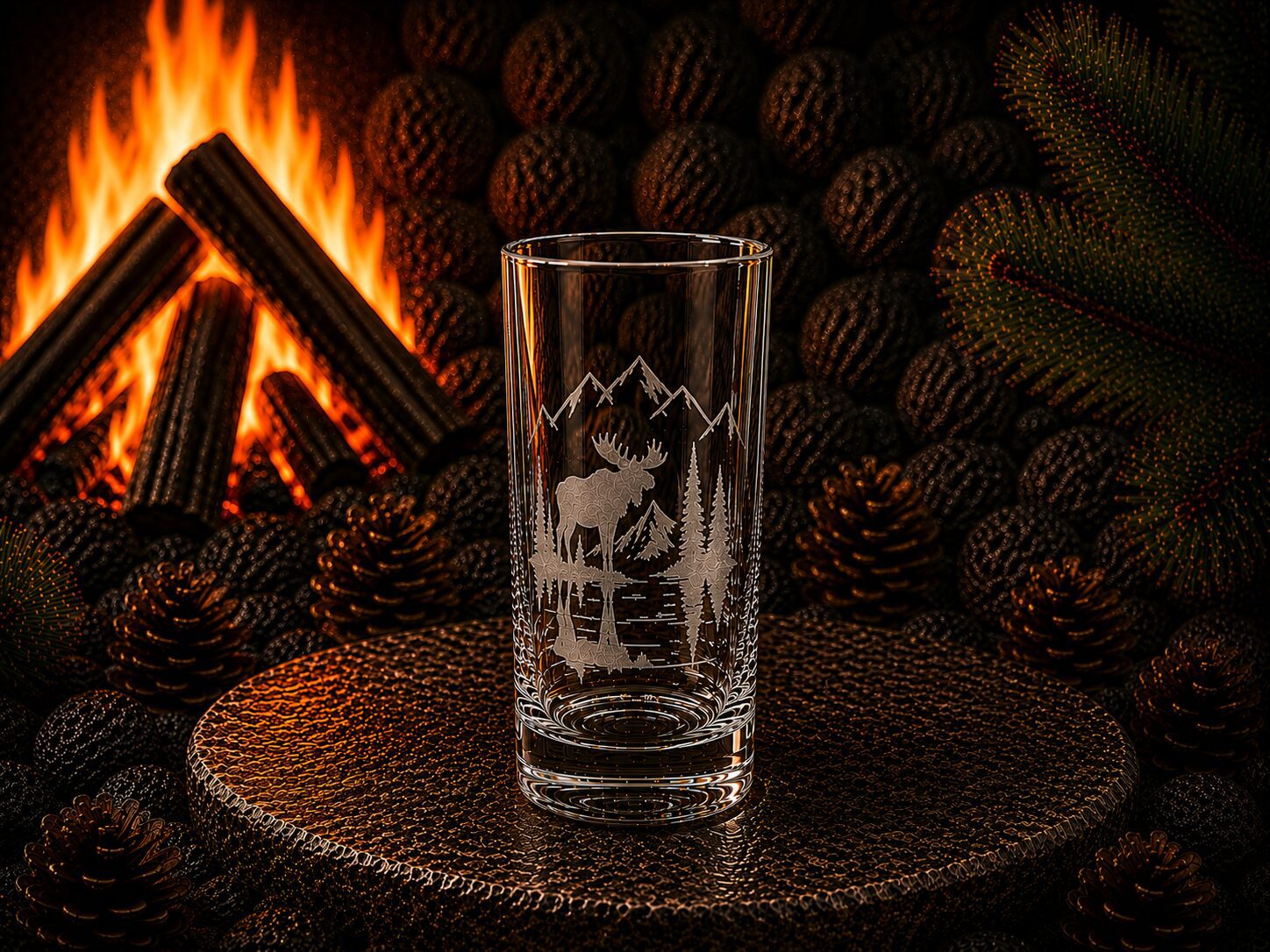 Etched glass tumbler with moose mountain design