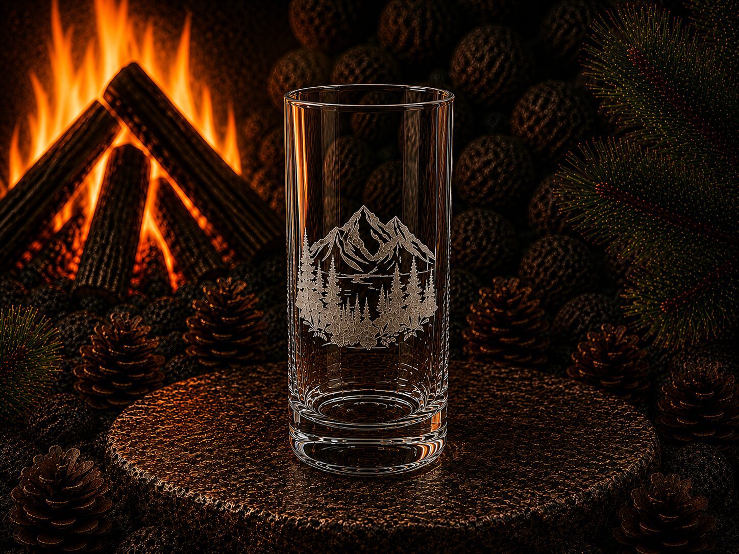 Etched mountain glass near fireplace and pinecones