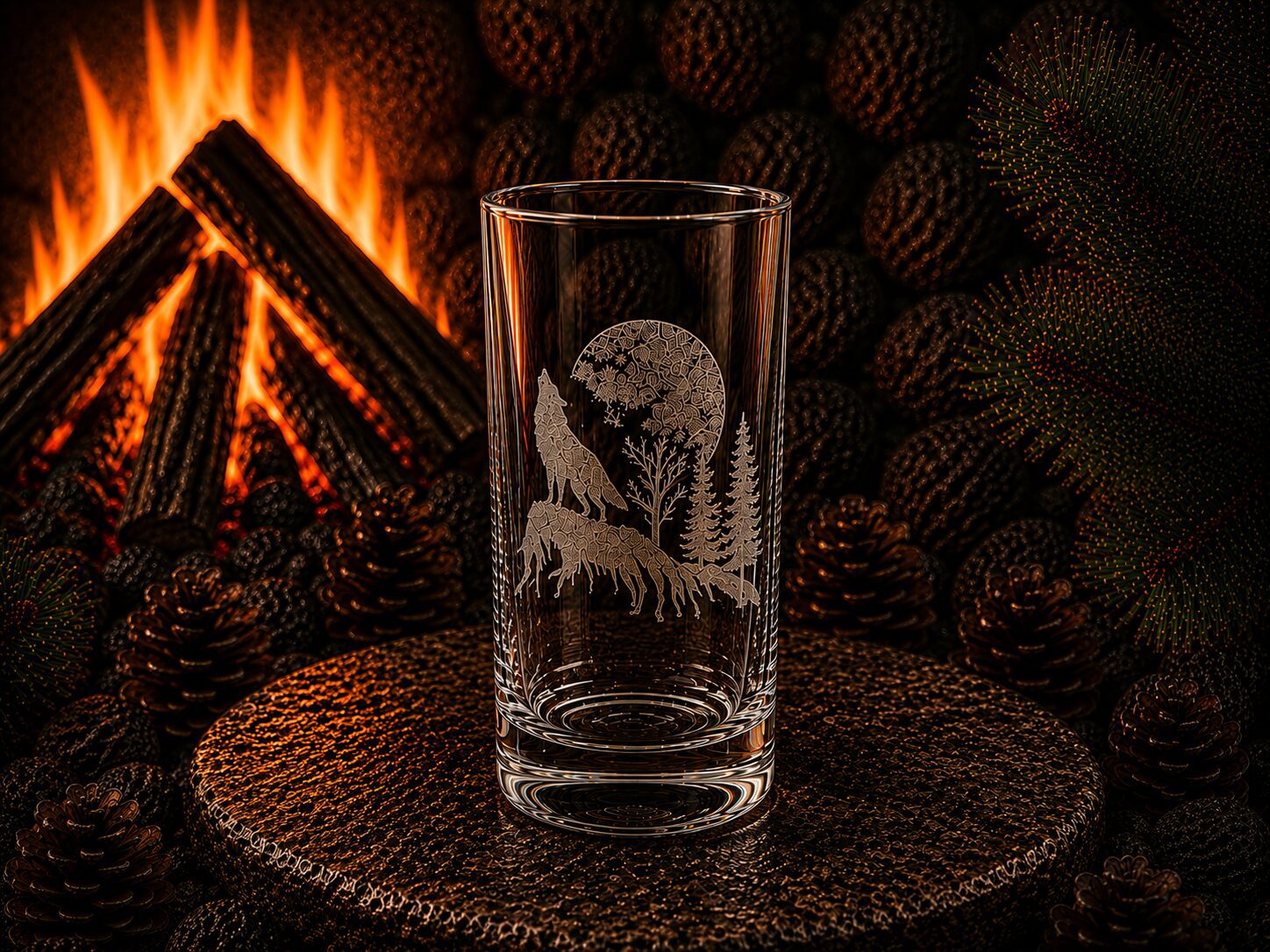 Etched glass with wolf and moon silhouette
