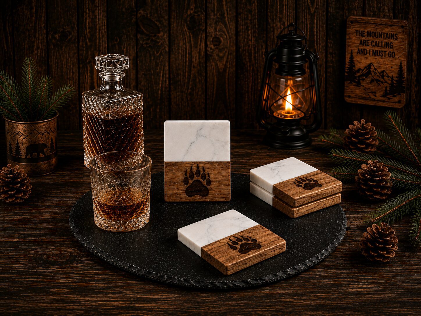 Marble and wood bear-paw coasters on table