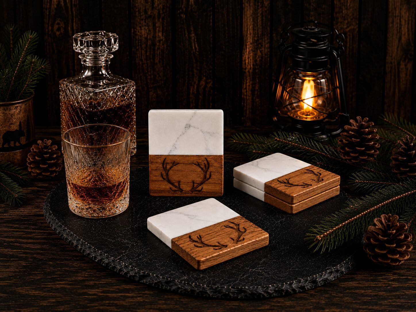 Whiskey glass and engraved marble-wood coasters