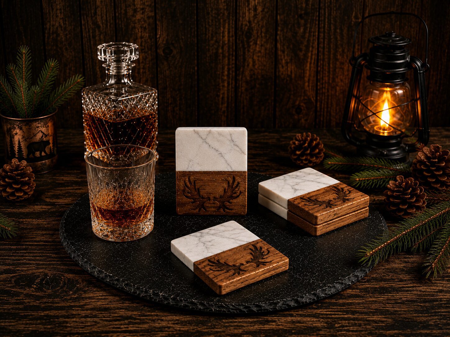 Rustic whiskey decanter and marble wood coasters