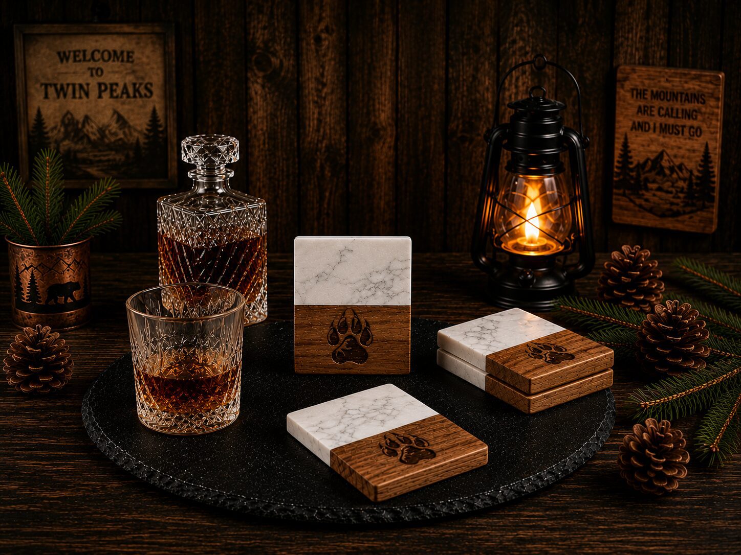 Rustic whiskey glass with bear-paw coasters