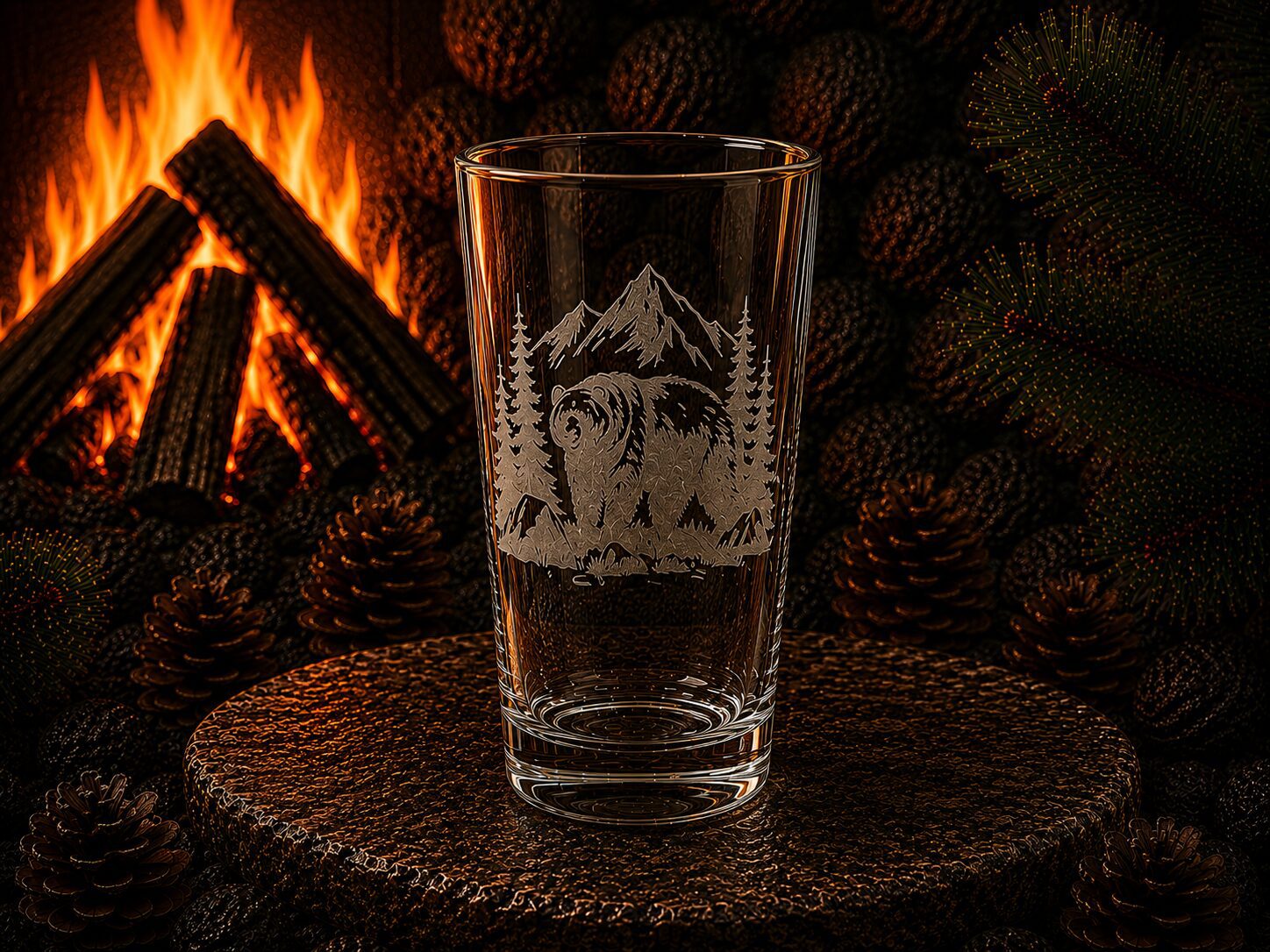 Etched pint glass featuring bear and mountains