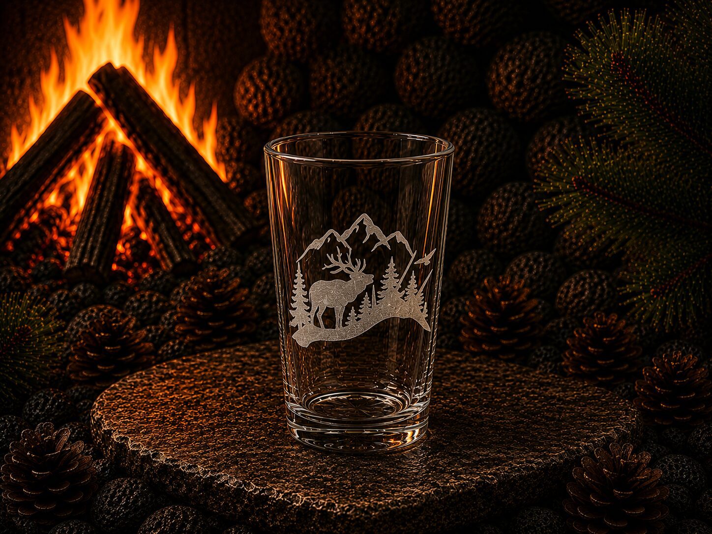 Etched glass with mountain and elk design
