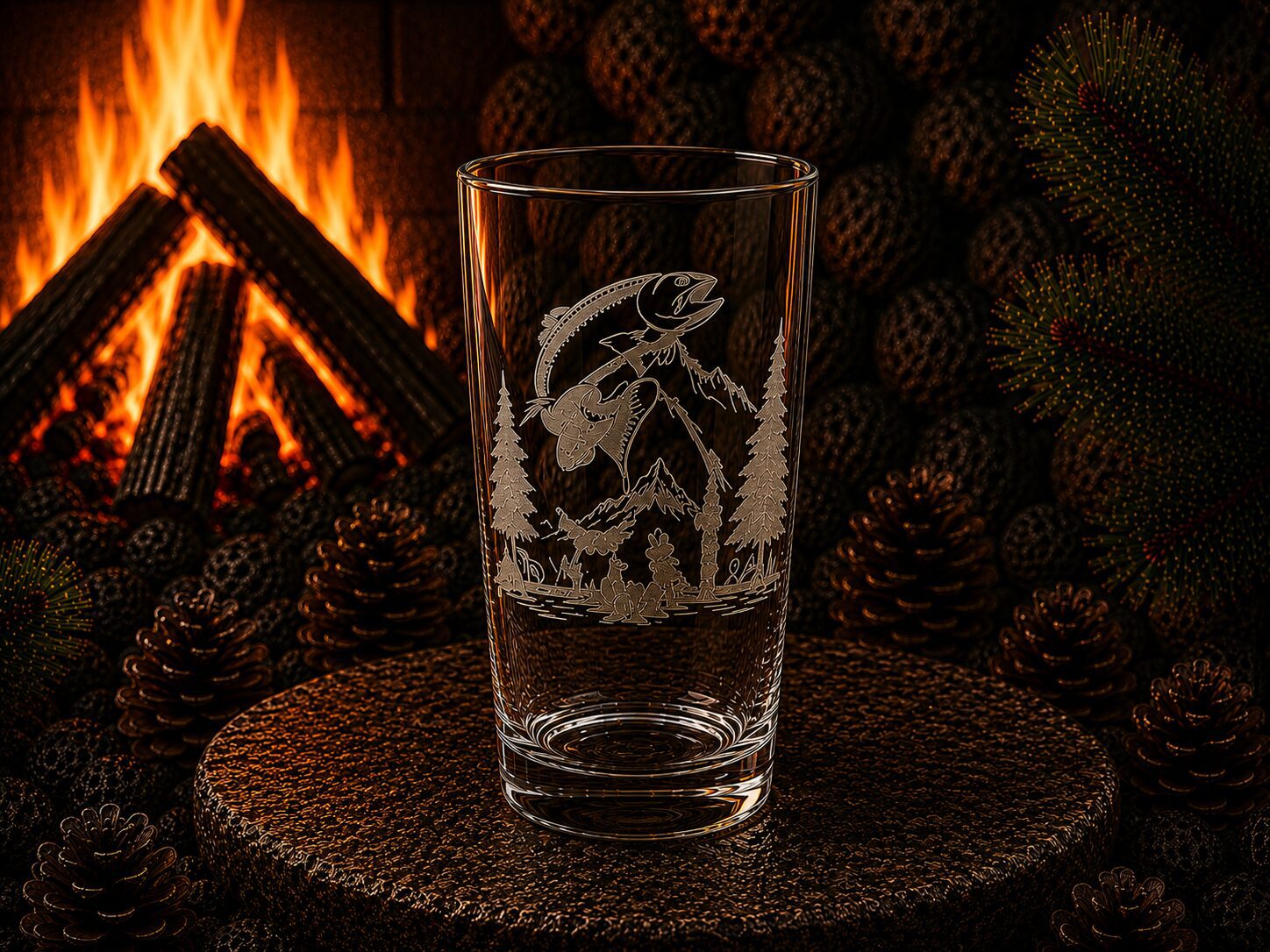 Etched fish glass by fireplace and pinecones