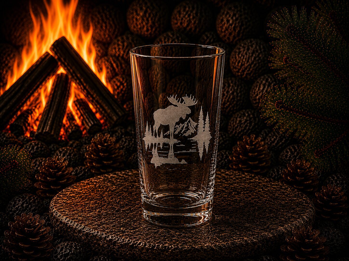 Etched moose pint glass by campfire