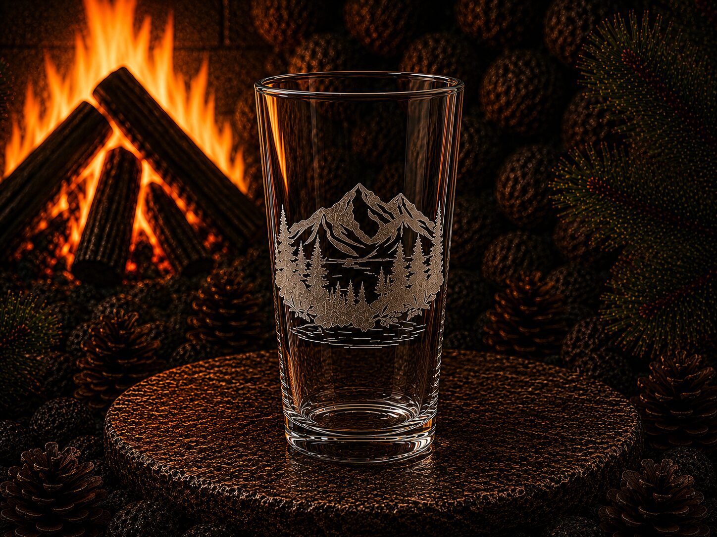Etched mountain pint glass near fireplace