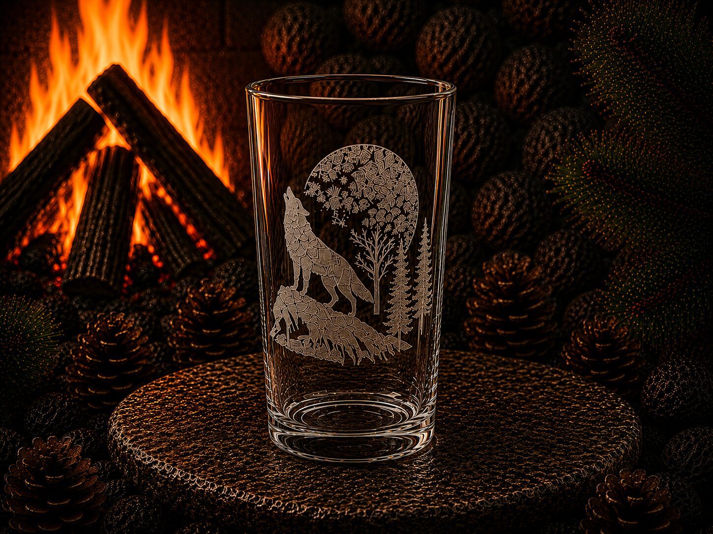 Etched pint glass with howling wolf design