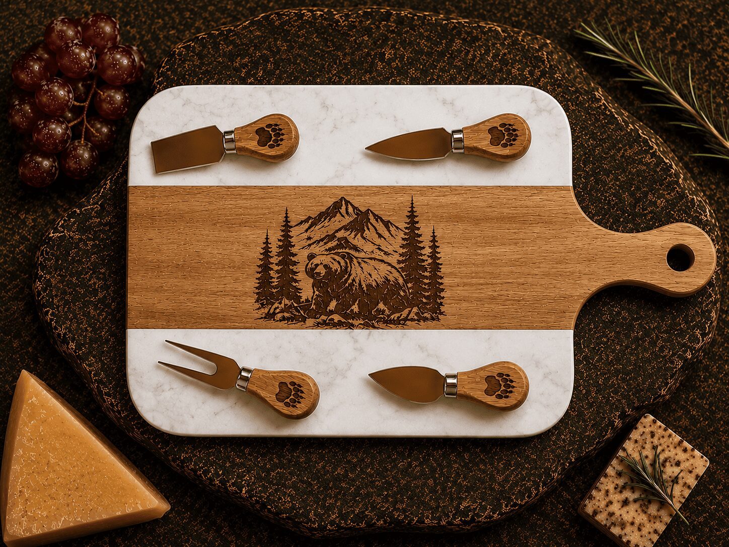 Wood and marble cheese board with engraved bear
