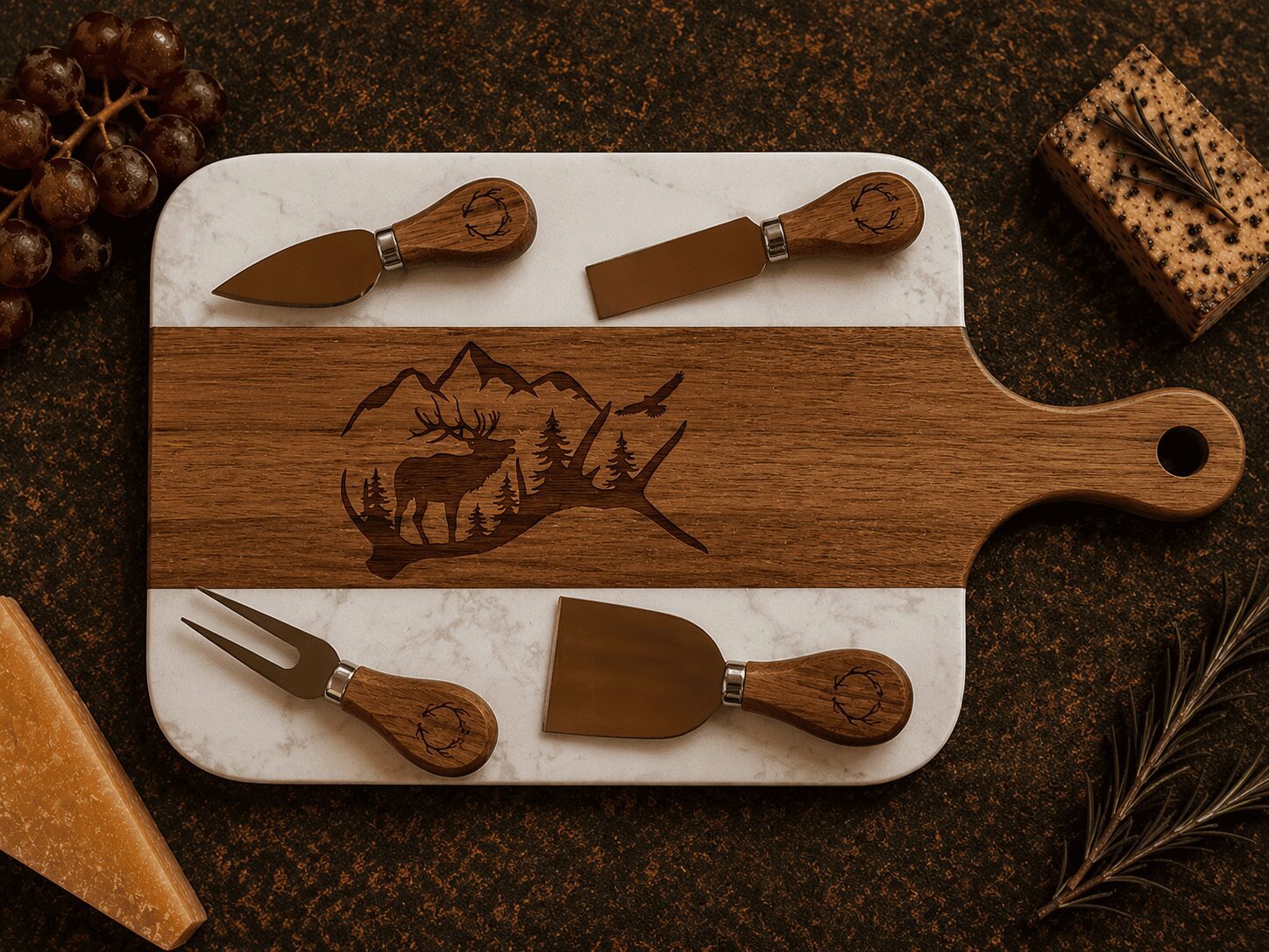 Marble and wood cheese board with knives