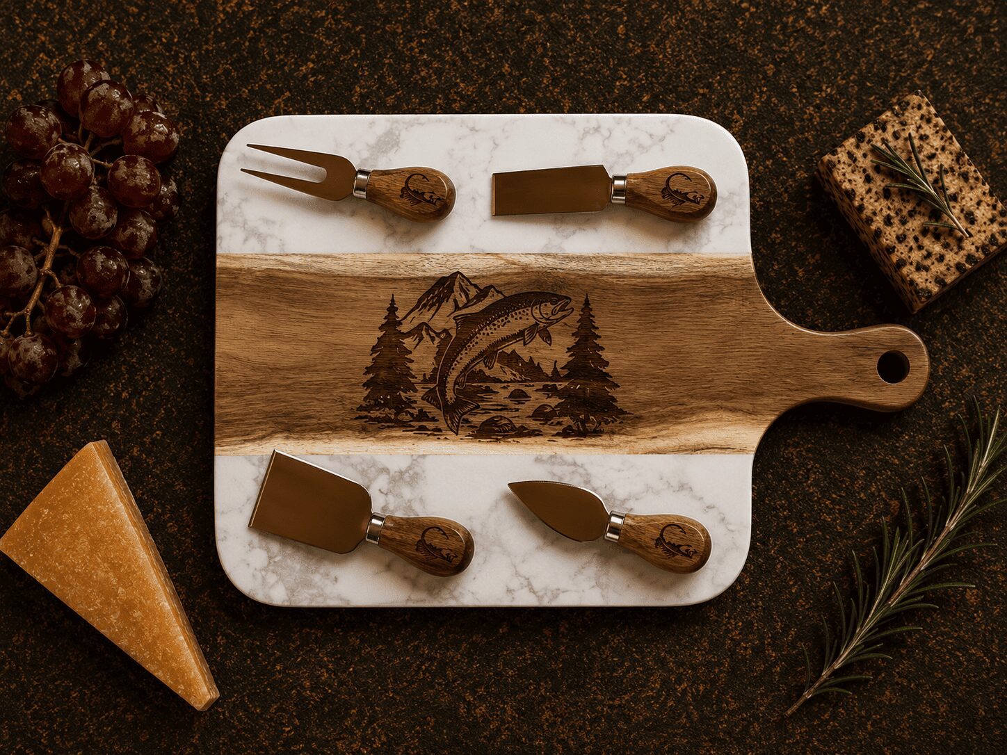 Marble and wood cheese board with knives