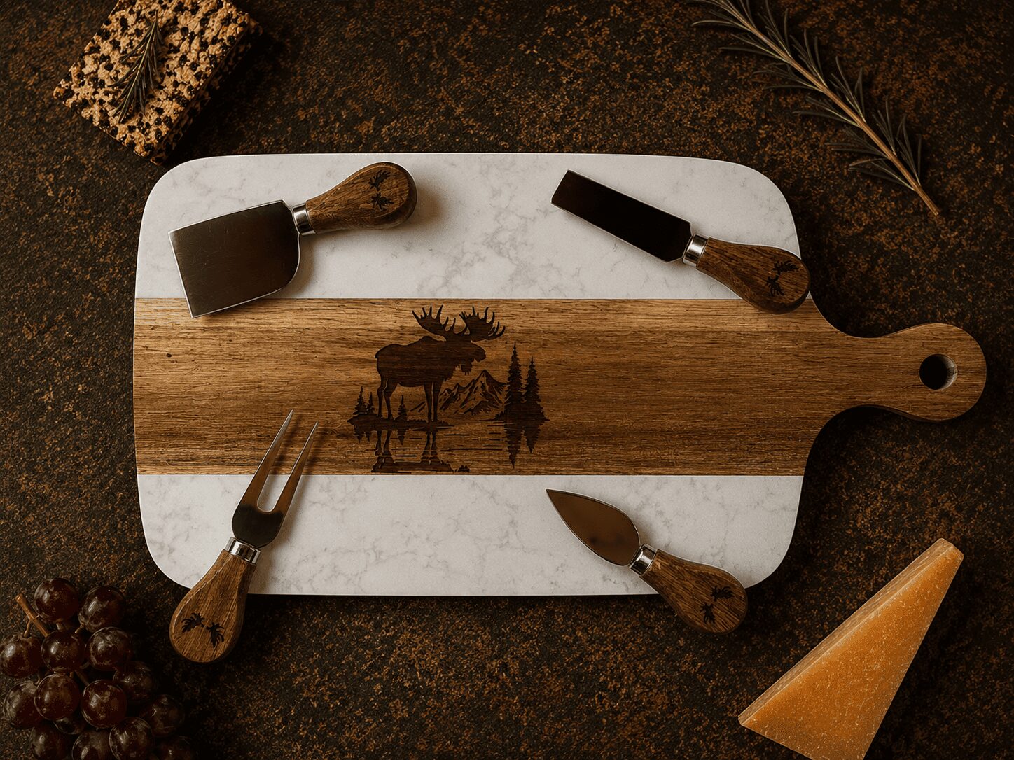 Marble and wood cheese board with moose engraving