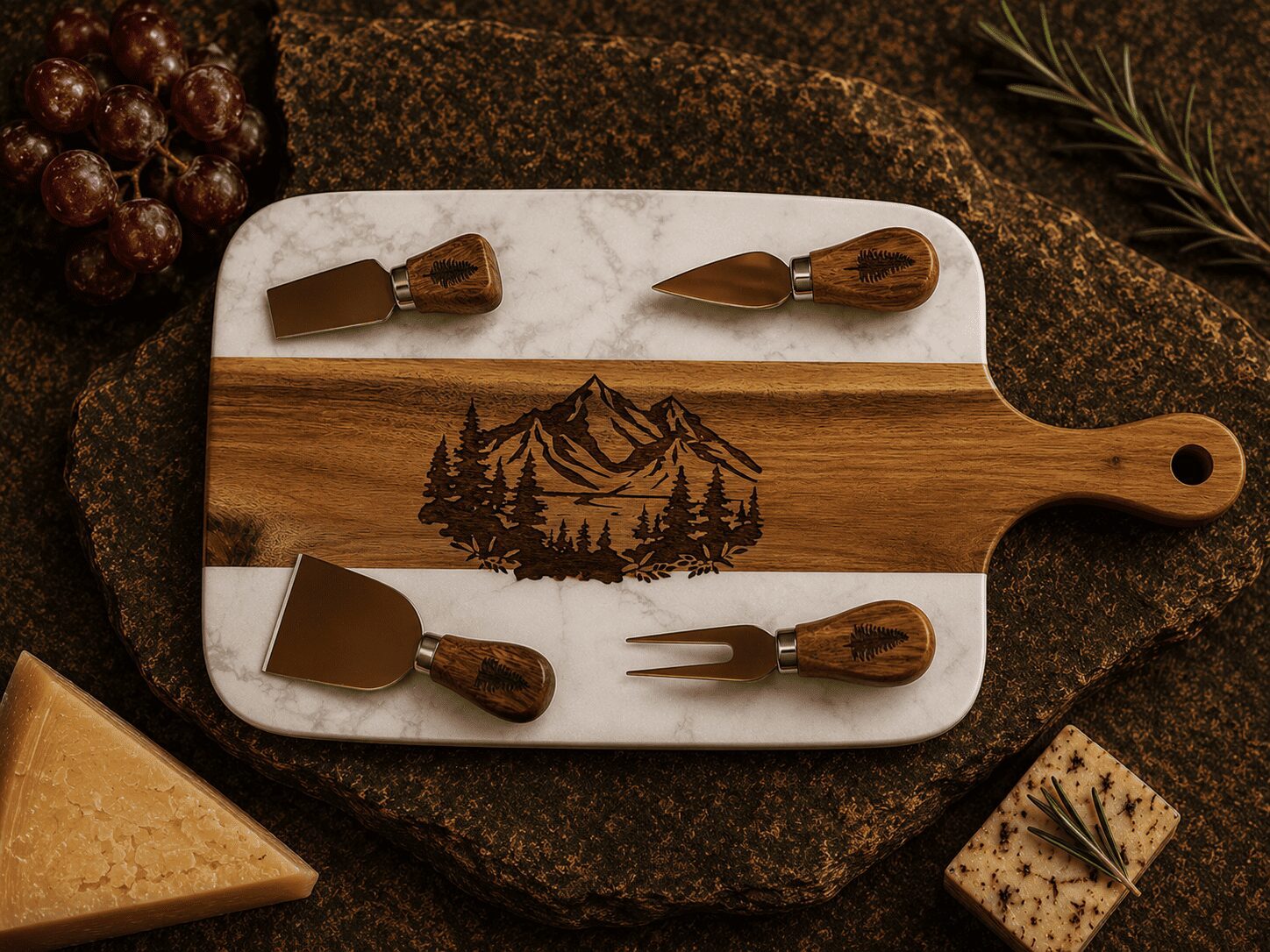 Marble and wood cheese board with mountain engraving