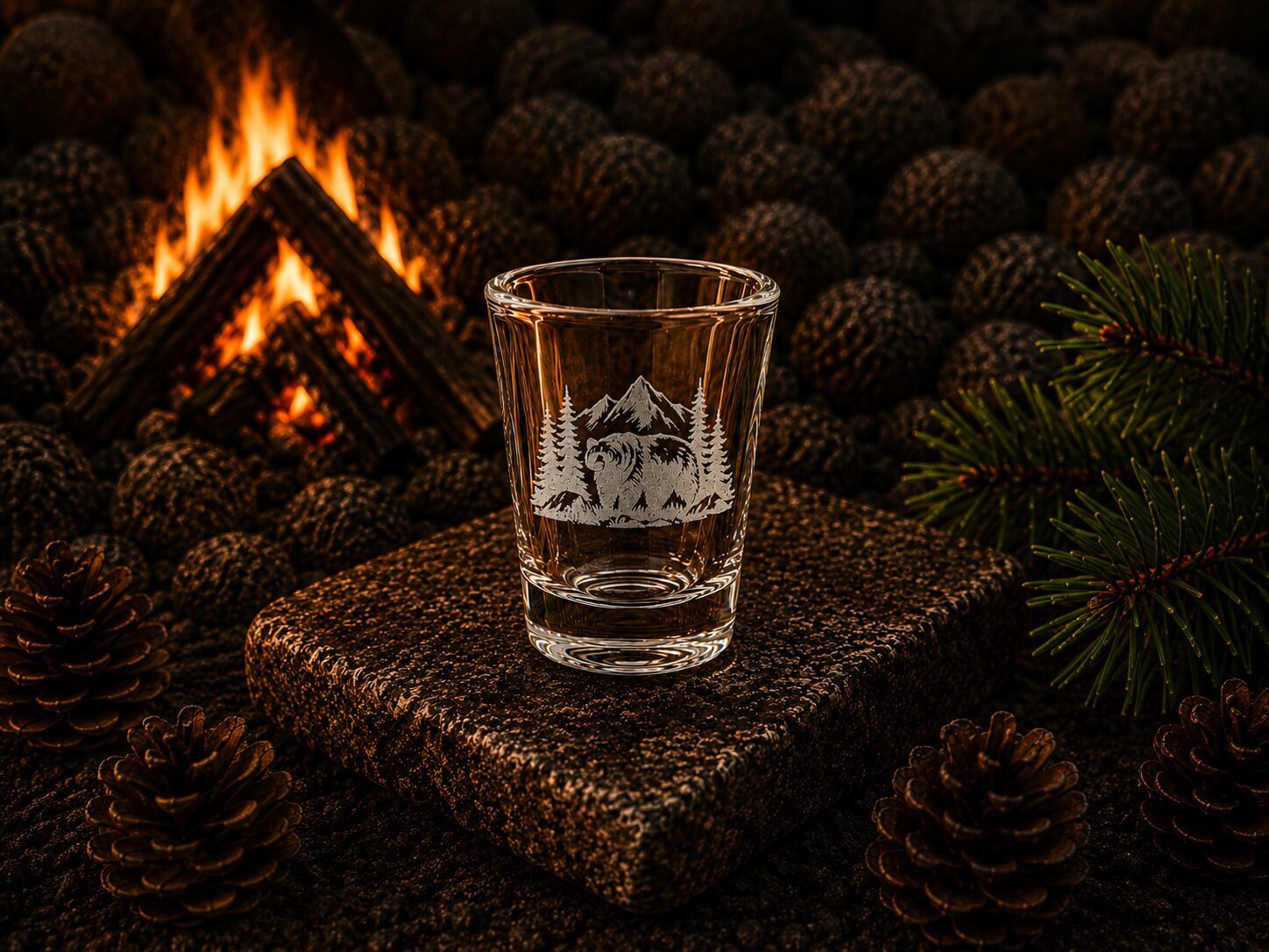Etched mountain bear shot glass near fireplace