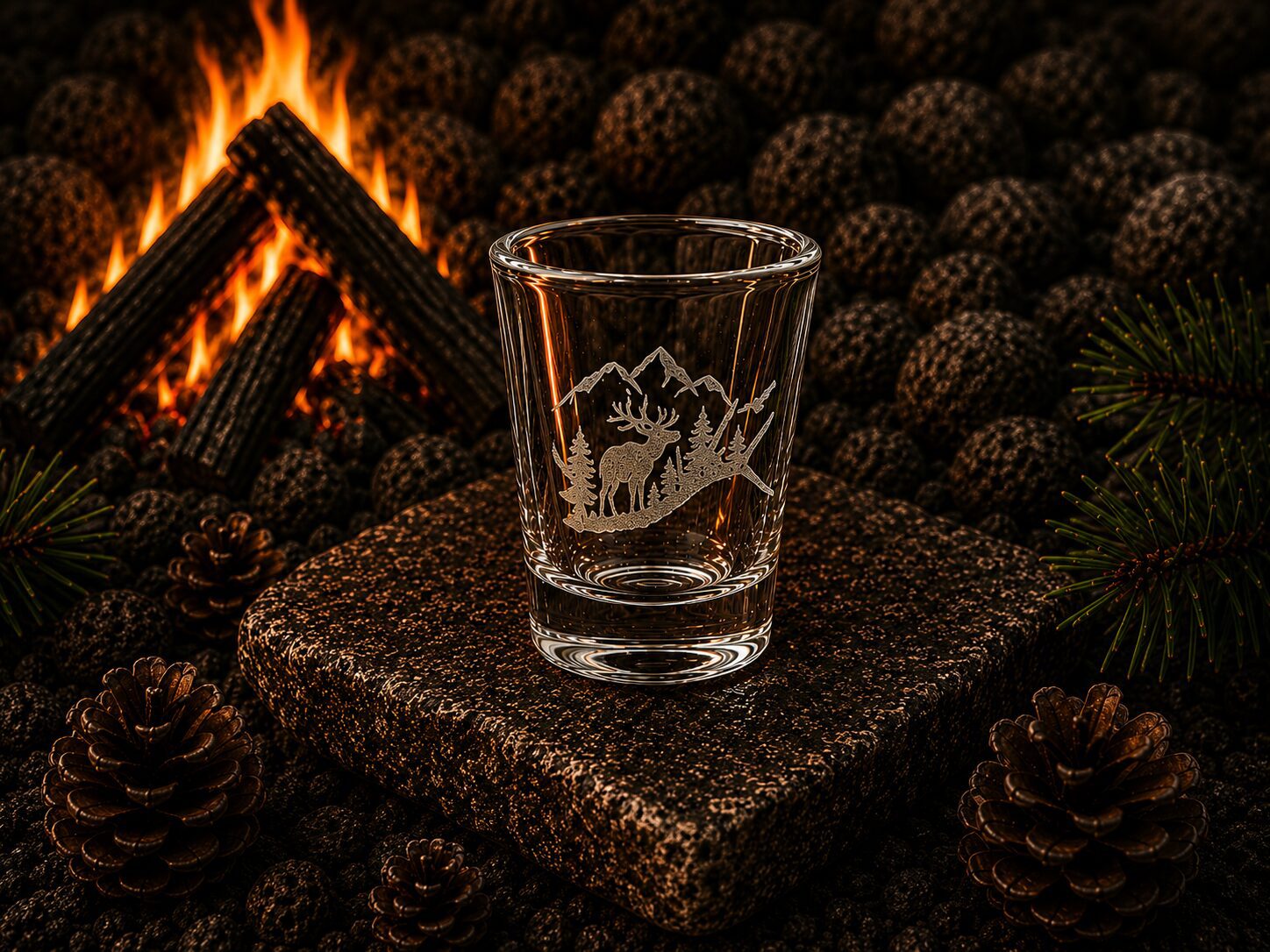 Shot glass with mountain and deer engraving