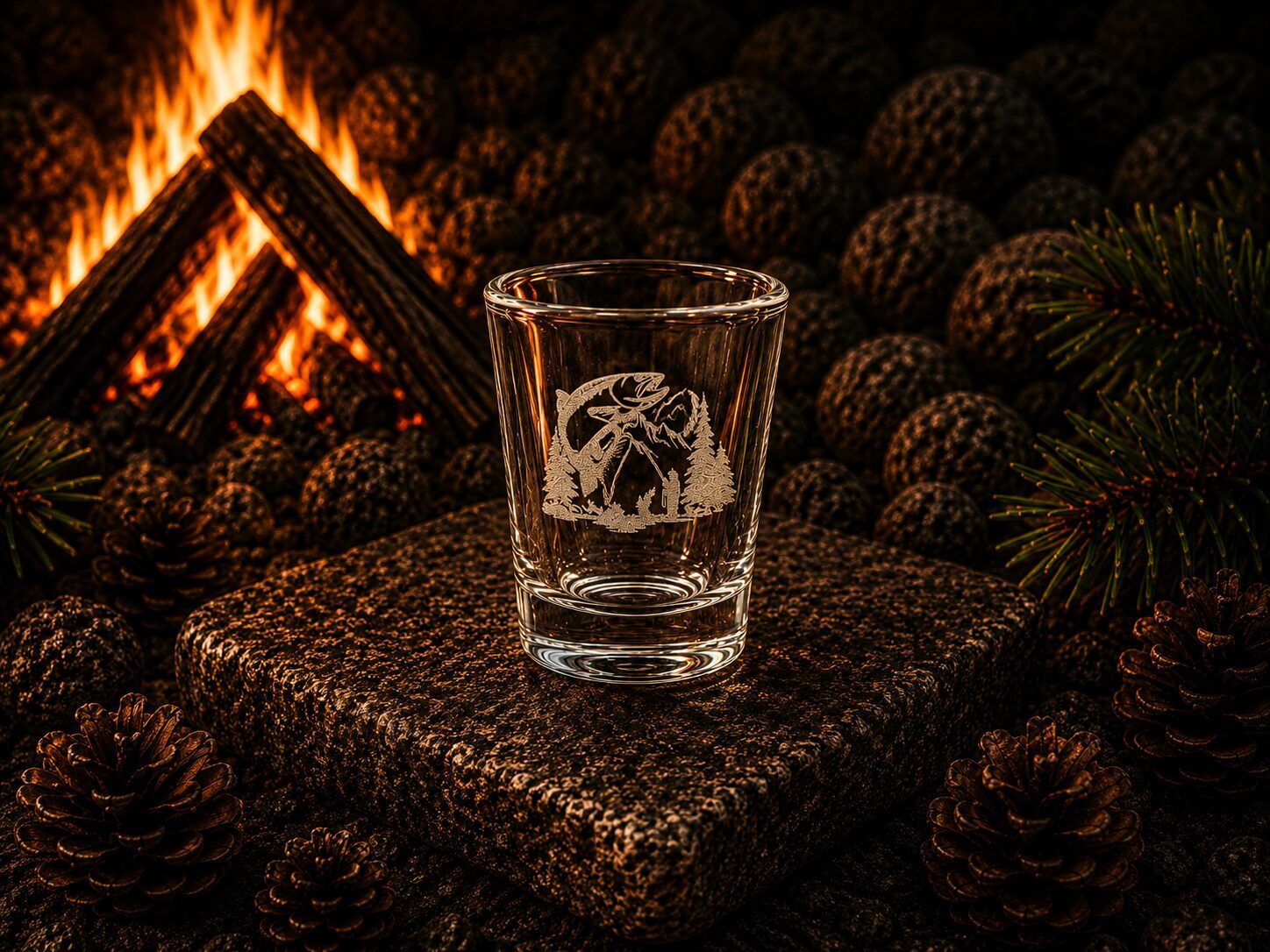 Shot glass engraved with mountain scene near fireplace