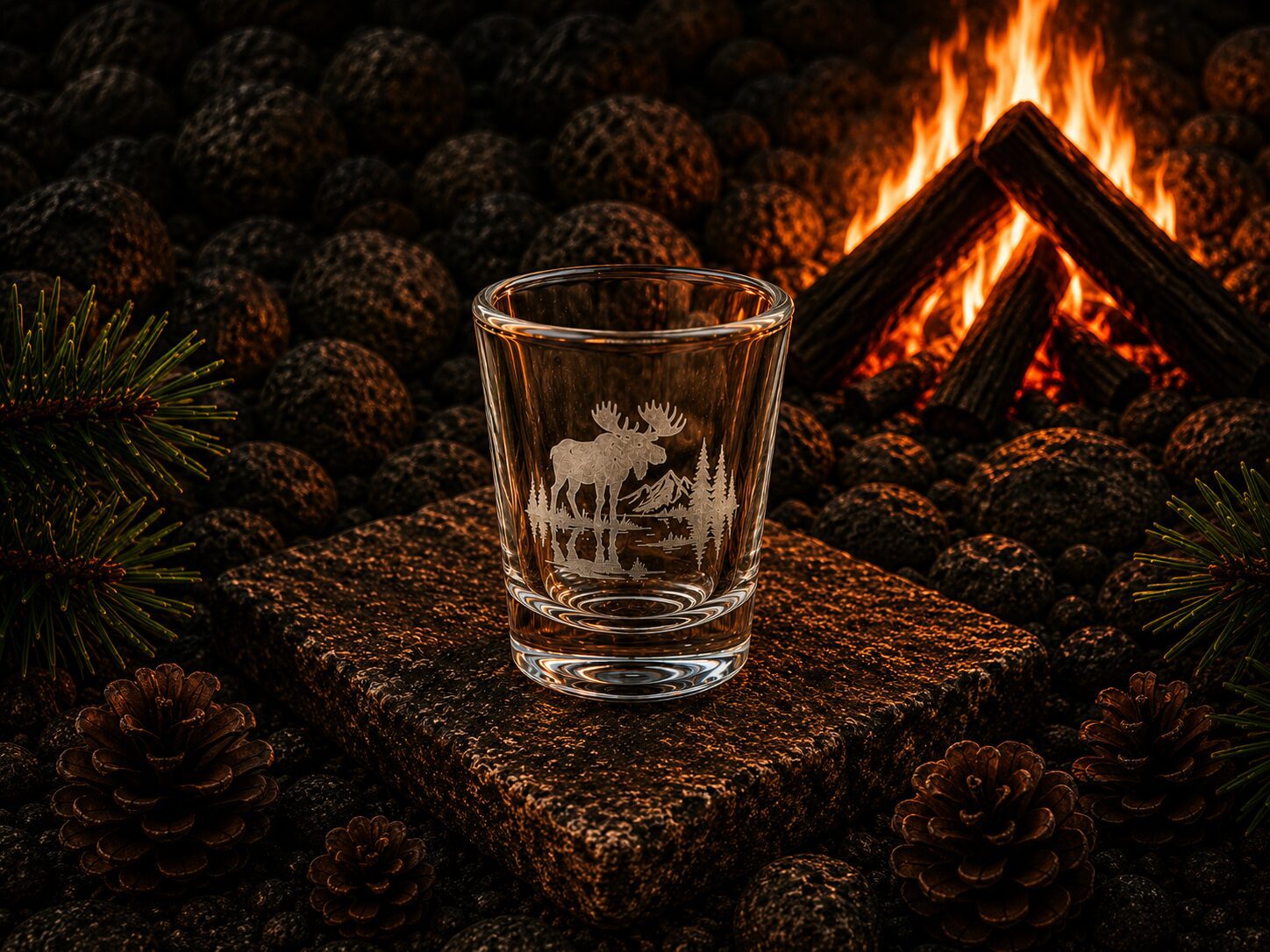 Etched moose shot glass by campfire