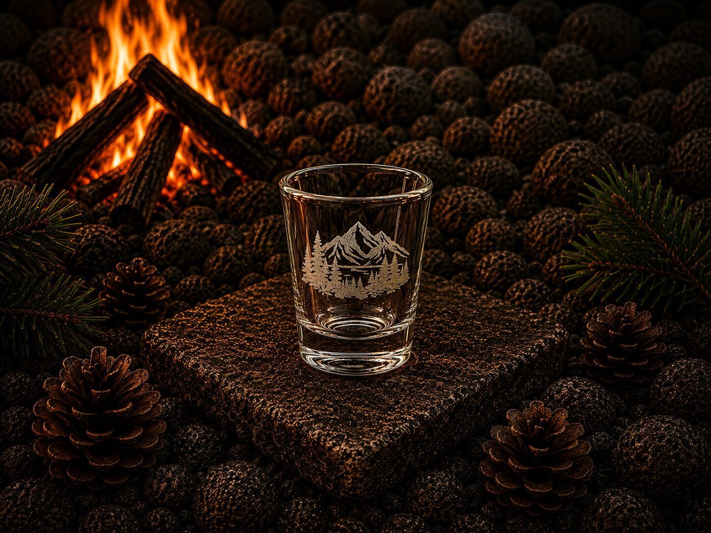 Etched mountain shot glass by pinecones and campfire