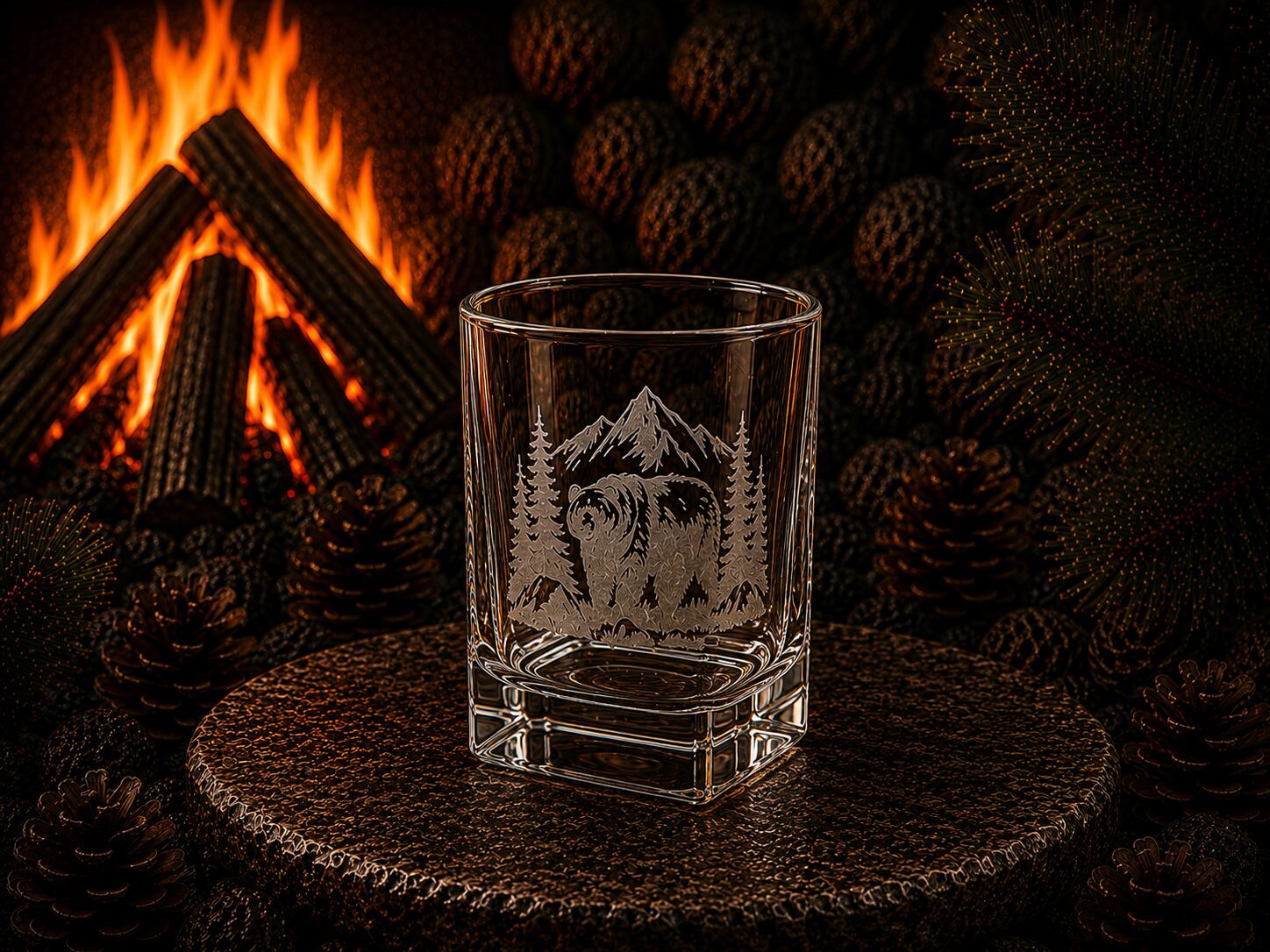 Etched bear mountain whiskey glass by campfire