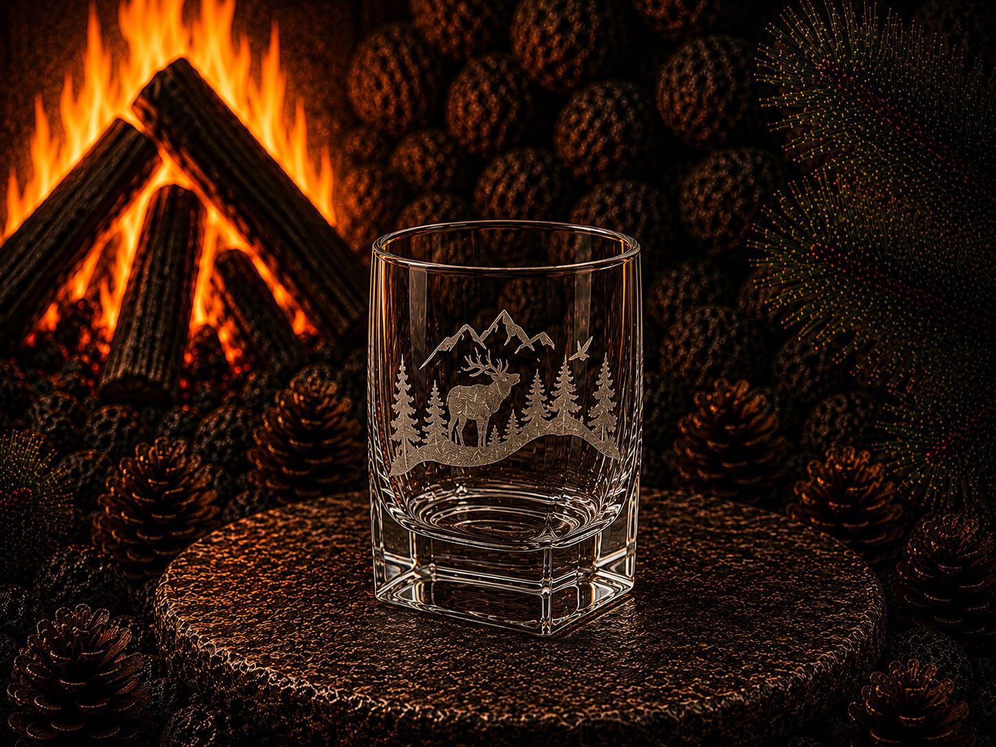 Engraved moose whiskey glass by fireplace