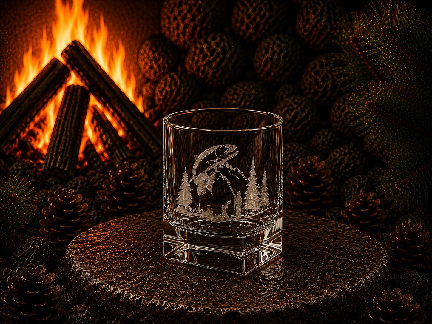 Etched glass tumbler with fish and trees